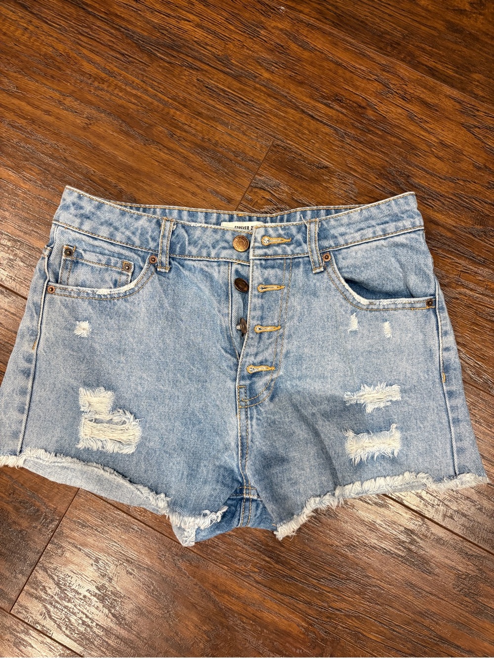 Forever 21 Light Blue Distressed High-Rise Denim Shorts 26